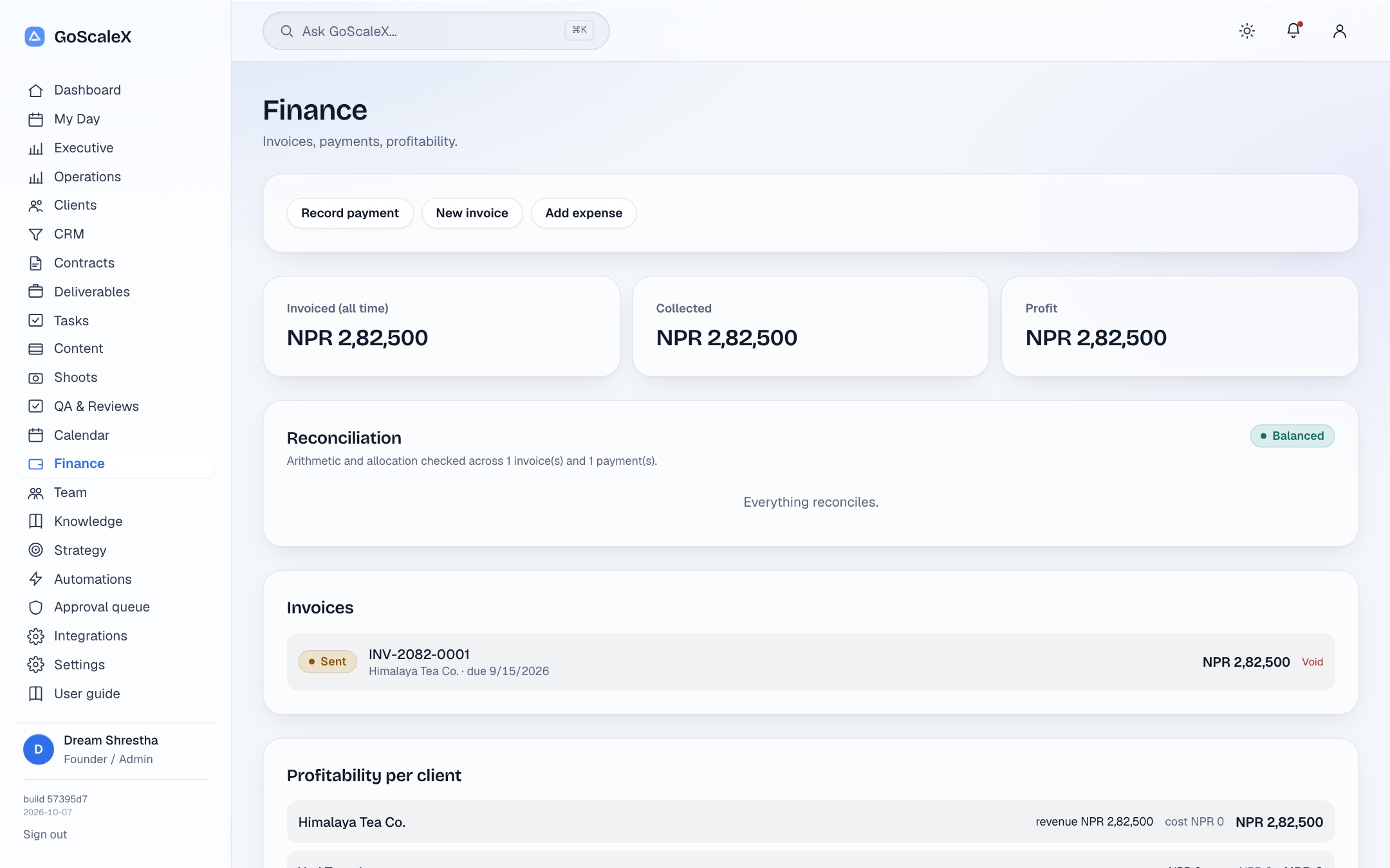 Finance overview with invoices and payments in Nepali rupees