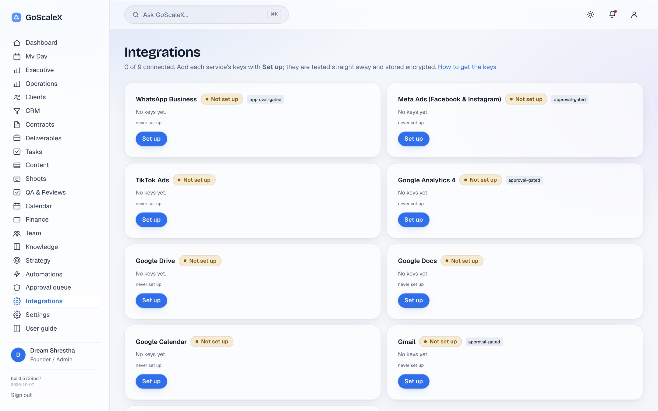 Integrations with their connection status